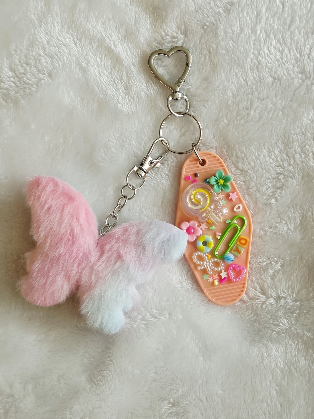 Plush Butterfly Keychain with Peach Charm Bag Charm